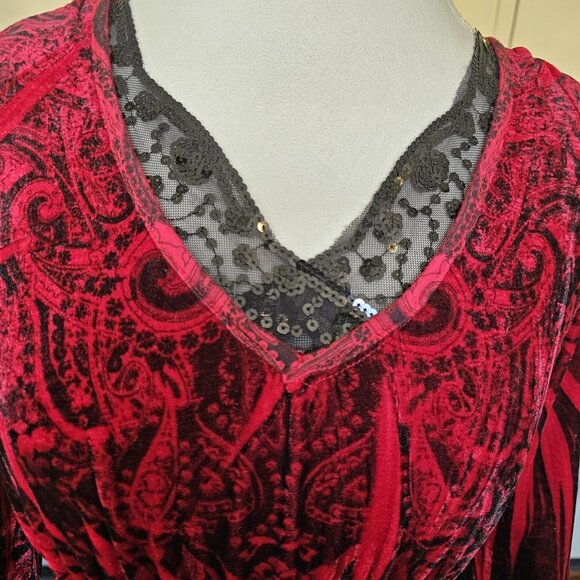 Y2K Red Baby Top Shirt Velvet‎ Black Lace Paisley Whimsigoth Size M Medium Goth - Picture 2 of 9